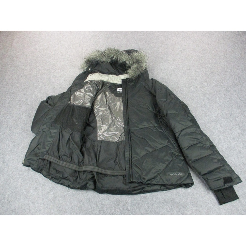 Columbia Jacket Womens Large Black Hooded Down Puffer Omni-Heat Fur Trim Coat